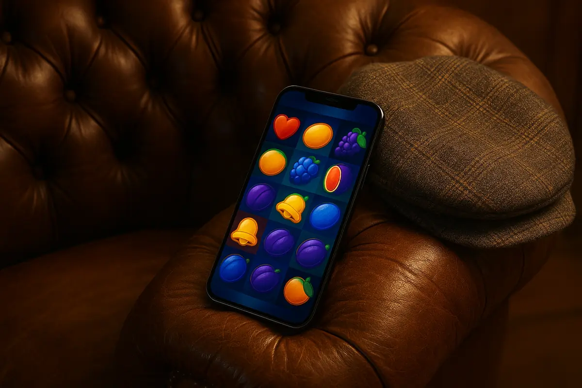 Phone on a leather armchair with a slot game