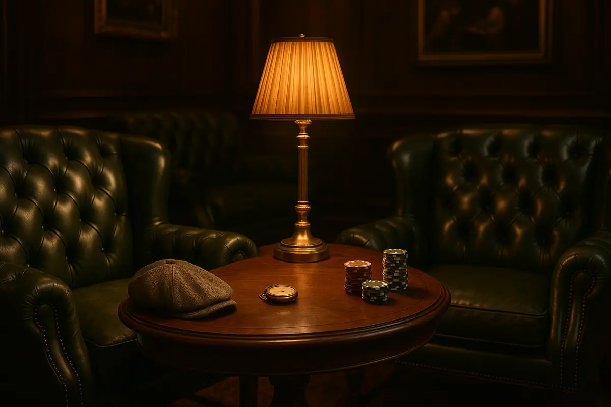 Gentlemen's club lounge with leather armchairs and chips